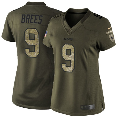 Women's Elite Drew Brees Nike Jersey Green - #9 Salute to Service NFL New Orleans Saints